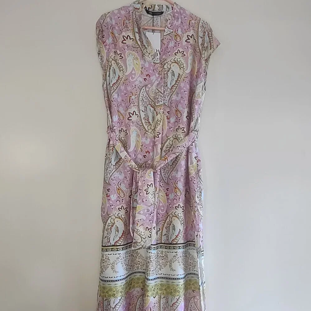 ZARA Floral Paisley Satin Kaftan Tunic Dress  Pink & Gold Women Small  Boho  NWT - Picture 4 of 14